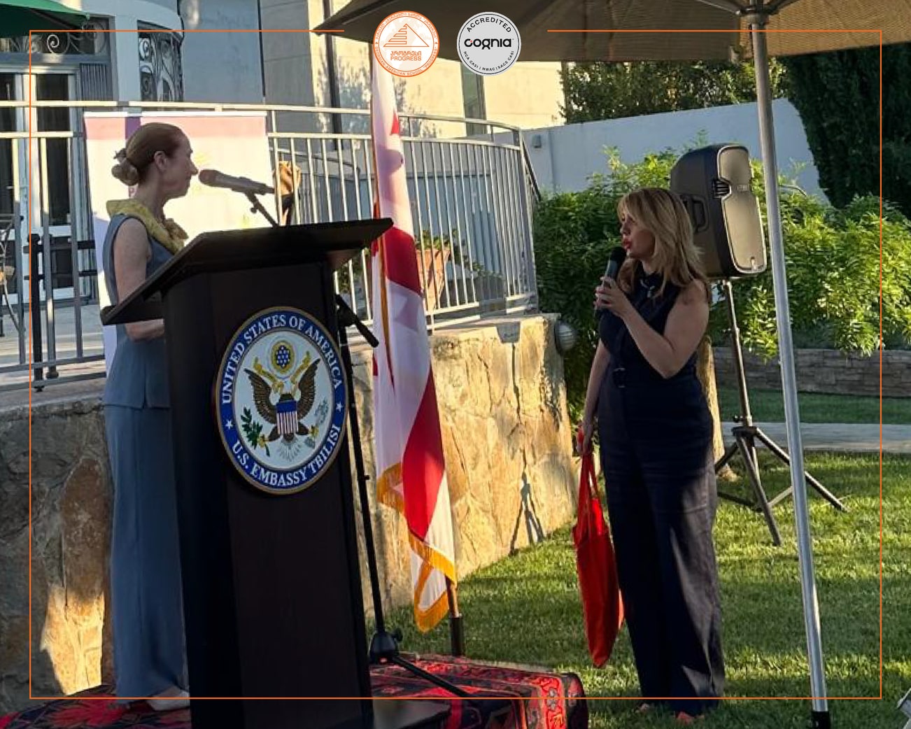 Nina Chikvashvili, the founder of the American International School of Progress, presented the "Progress Supreme Award" to US Ambassador, Kelly Degnan.